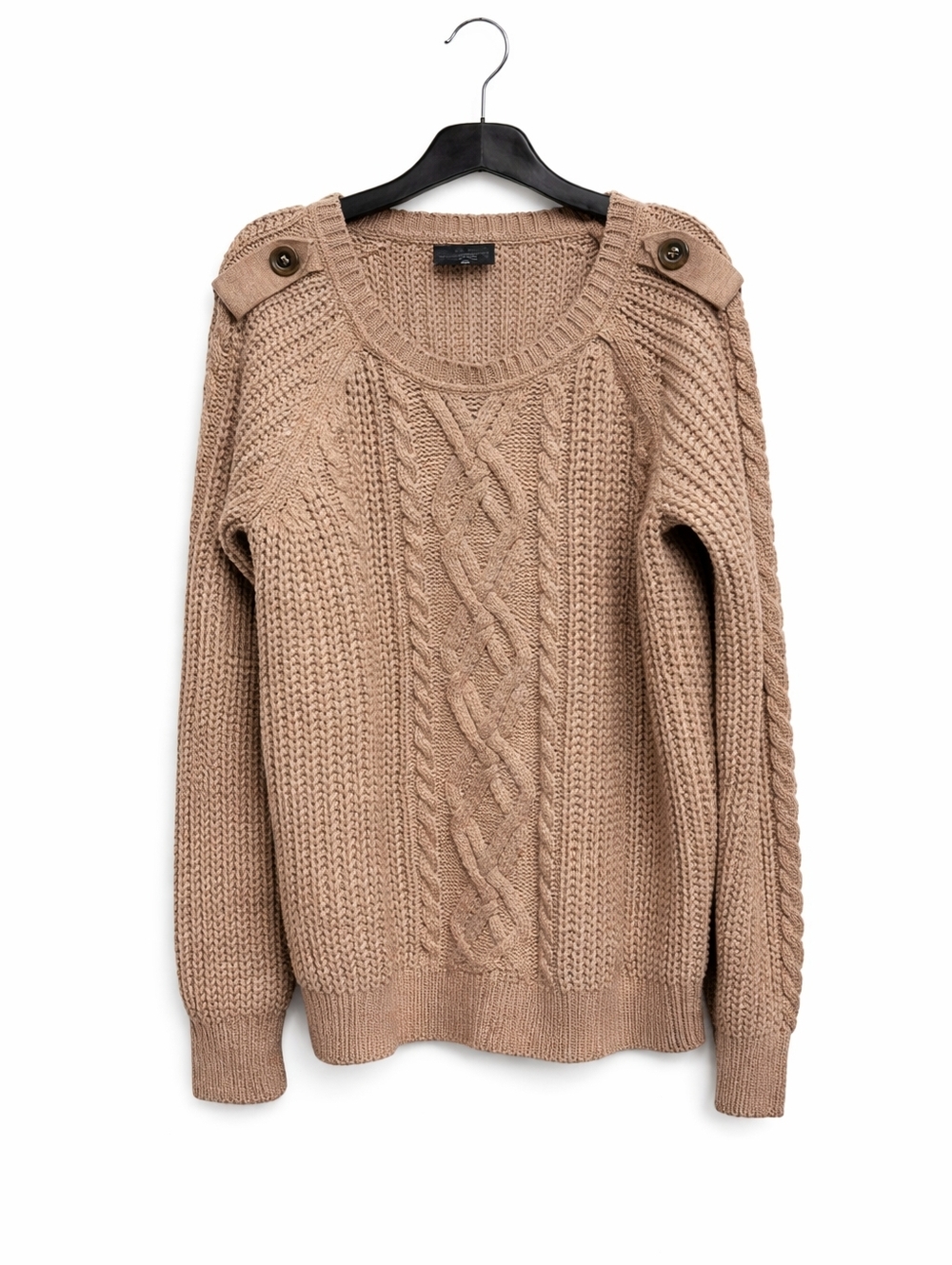 Worthington Tan Cable Knit Sweater XL Chunky Knit Button Shoulder Cozy Fall
